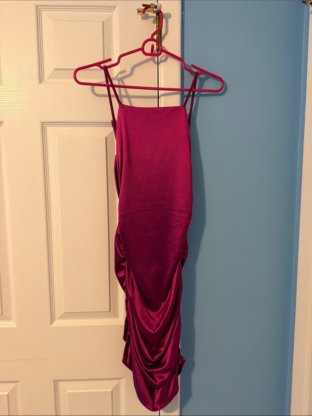 City Studio Magenta Ruched Satin-Effect Midi Dress
